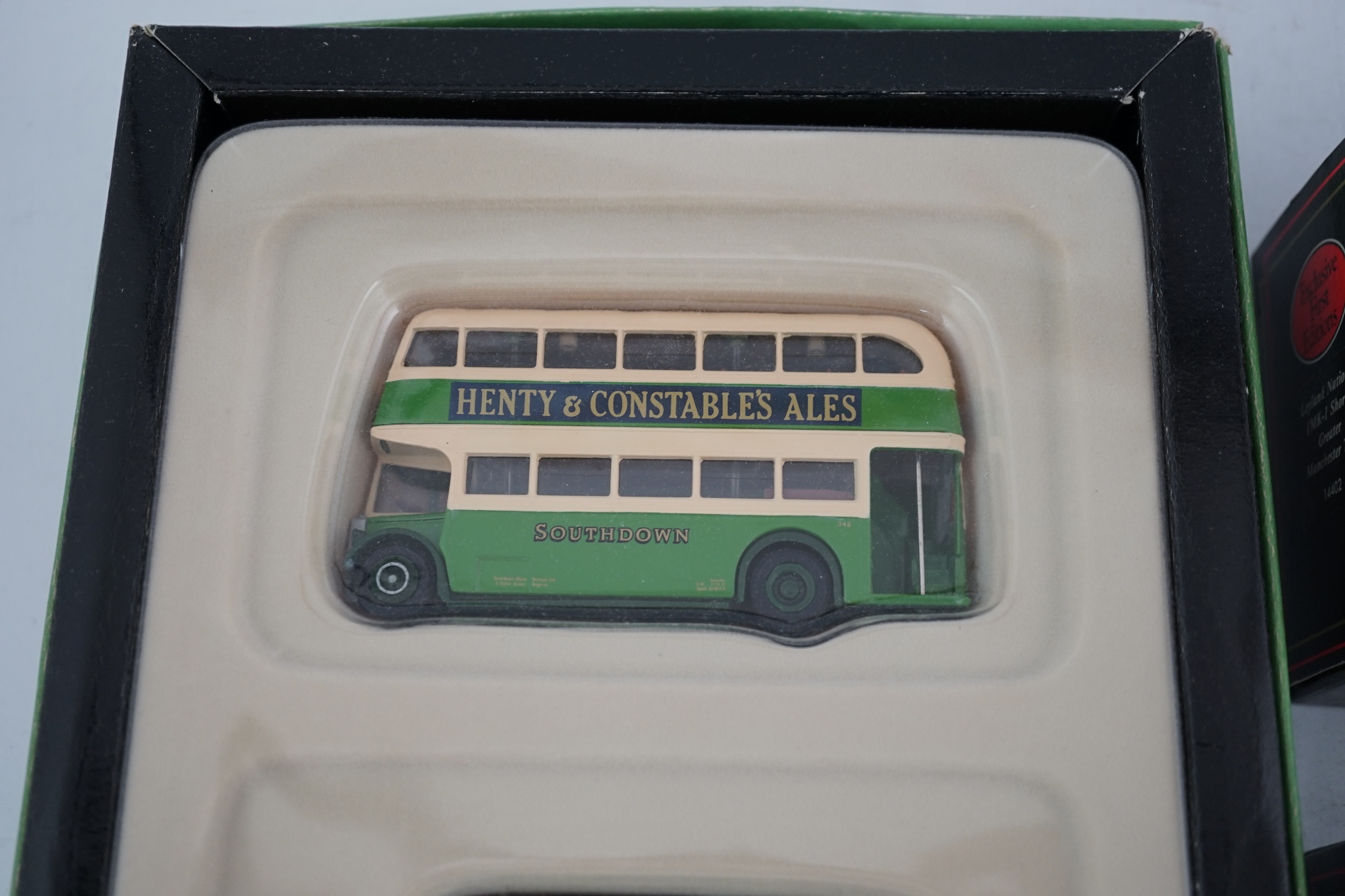 Thirty-two boxed EFE diecast buses, coaches, gift sets, etc. and one Britbus, operators including; East Kent, green line, Hants and Dorset, Southdown, National express, etc.